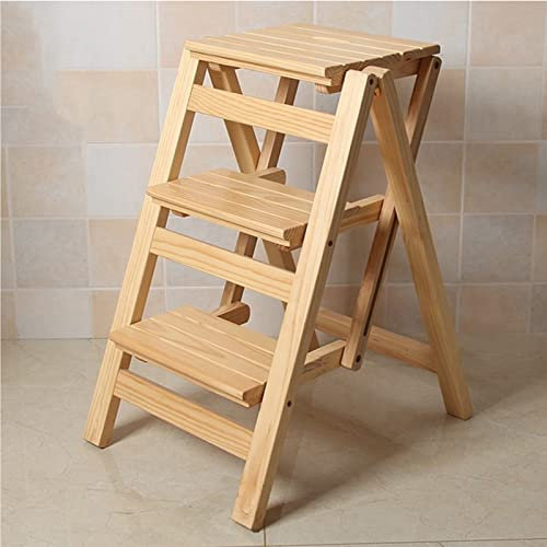 DONGGANSHI Wooden Step Ladder Chair Household Folding Stepladder Stool 3 Steps Wooden Climb Ladder Step Stool Indoor Outdoor Portable Multifunction Library Steps Bookshelf Display Shelves