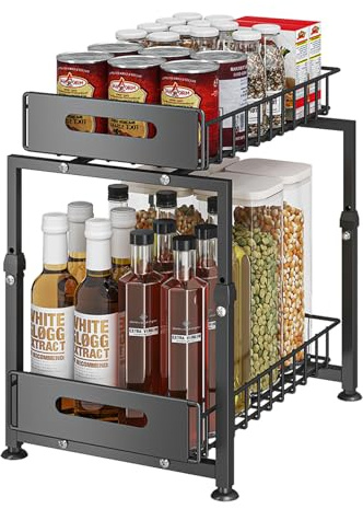 YunNasi Organizador de Cocina Almacenamiento bajo Fregadero de Metal Organizador 2 Niveles Extraíble Estante para Especias (Negro, Modelo-B)