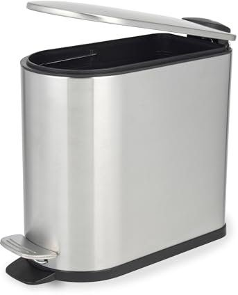 Beldray Pattumiera a pedale da bagno – 5 litri, coperchio a chiusura morbida con pedale, pattumiera a forma di D, per camera da letto, ufficio, cucina, acciaio inossidabile