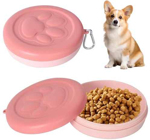 Comedero para Perros y Gatos, Bebedero Perro Portatil con Tapas y Mosquetón, Cuenco de Viaje de Plástico para Mascotas para Salir, Acampar y Viajes, Fácil de Llevar (380ml, 1) (Rosa)