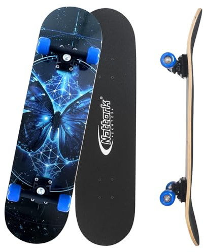 Nattork Completa Skateboard 31 Inch para Niños Niñas, Madera de Arce Canadiense de 9 Capas, Monopatín para Principiantes con Rodamiento ABEC-7, Regalo de Skateboard para Jóvenes - Mariposa