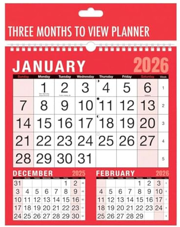 2026 Wall Planner 3 Months-to-View Spiral-Bound Wall Calendar with UK Bank Holidays Slim Hanging Planner for Home, Office, School & Business