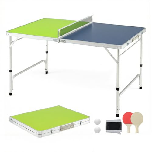 GYMAX Portable Ping Pong Table, Foldable Table Tennis Table with Aluminum Frame, Net, Ping Pong Balls & 2 Paddles, Height Adjustable Compact Game Tables for Indoor Outdoor