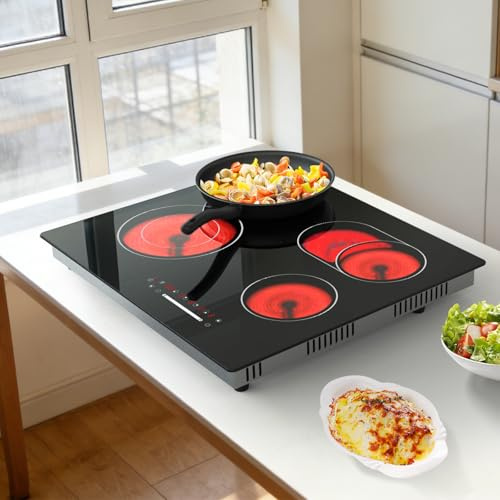 Nardea Piano Cottura in Vetroceramica 60 cm 4 Fuochi, 6000W Controllo Touch a Scorrimento, Zone di Cottura a Cerchio Singolo, Senza Spina Collegamento Diretto, Foro 560×490 mm