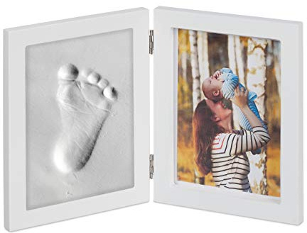 Relaxdays Cornice Portafoto per Bambini con Calco in Gesso, Set per l’Impronta della Mano o Piedino, Fai-da-Te, Bianco