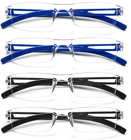 MMOWW 4er Pack randlose Lesebrille für Damen und Herren mit klarer rechteckigem Blaulicht-Blockierbrille (2 Schwarz+2 Blau, 2,0)