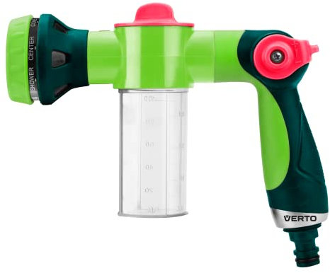 VERTO Spruzzatore a pistola con contenitore e nebulizzatore in schiuma; 8 funzioni di spruzzo; manico ergonomico antiscivolo; cura delle piante; giardinaggio, lavaggio auto; plastica e gomma