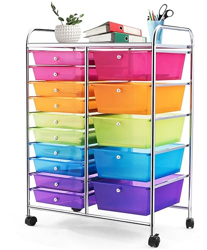 KOMFOTTEU Carro con 15 Cajones Apilable de Almacenaje, Carrito Auxiliar con Ruedas de Bloqueo, Carrito Organizador con Estructura Metálica, para Oficina, Baño, Salón (15 Cajones, Multicolor)