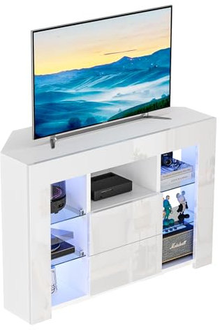 Dripex TV Lowboard Eckschrank Eckkommode mit RGB LED Beleuchtung Fernsehtisch Fernsehschrank 100x68x40 cm, Weiß Hochglanz