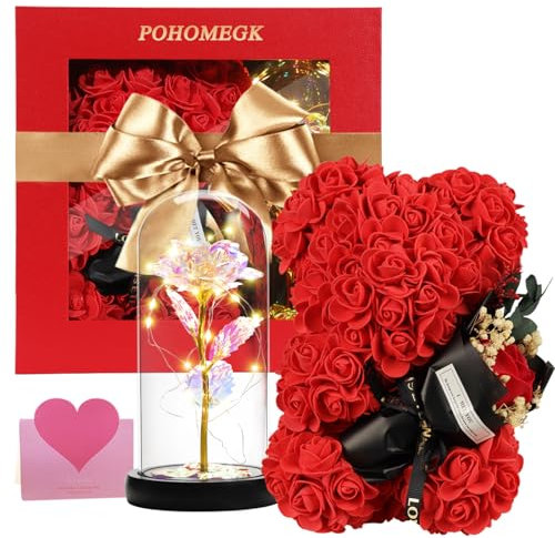 Christmas Rose Bear Gifts for Women, Wife, Daughter, Girlfriend, Flower Teddy Bear Rainbow Light-Up Roses Gift Set – Perfect for Valentine’s, Mother’s Day, Christmas, and Anniversary