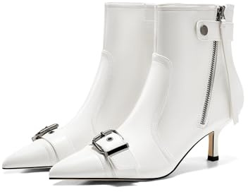 Coutgo Womens Kitten Heel Ankle Boots Pointed Toe Buckle Side Zipper Tassel Fall Winter Booties Shoes, Creamy-white, Size 8