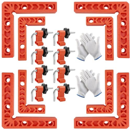 SDwfxd 8 Stk 90 Grad Positionierwinkel, 3 4 Rechtwinklige Klemmen, mit 8 Paare Befestigungsclips und 4 Stk Arbeitshandschuhe, Winkelspanner für Holzbearbeitung, Heimwerken, Handwerk