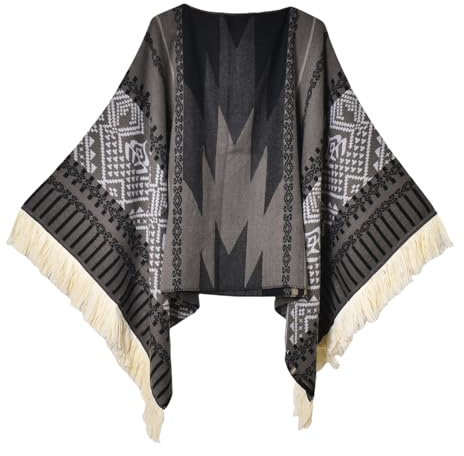 Iris Sprite dampullover poncho etnisk stil poncho för kvinnor tofsar stickade sjalar och sjalar capes, Svart, grått, one size