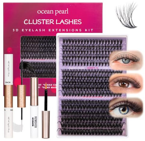 Ocean Pearl Cluster Lashes Kit 320PCS Individual Eyelashes 40D+50D+100D Eyelash Extension Kit 11-20mm False Eyelashes DIY Lash Extension Natural Lash Clusters with Super Bond&Seal&Remover&Tweezer-100D