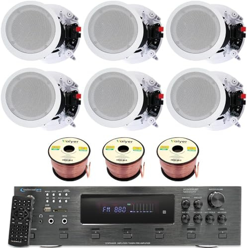 Kit de Sistema estéreo para el hogar, Amplificador Bluetooth de 6 Canales de 6000 vatios con 6 Altavoces de Techo enmarcados de 8 Pulgadas, 300 W Cada uno, Cable de Altavoz de 300 pies y Control