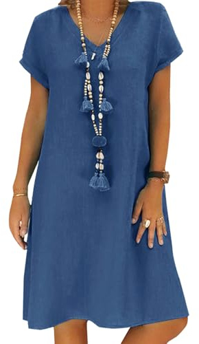 Tincini Women's Dress Summer Linen Dresses Casual V Neck Midi Dress Short Sleeve A-line Dress Sundress Tunic Dress Without Accessories (A Blue, M)