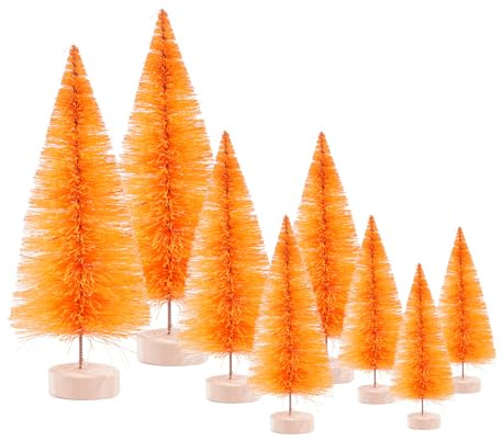 8 Pcs Artificial Mini Christmas Trees, Miniature Pine Trees Sisal Trees with Wood Base Tabletop Christmas Tree for Christmas Xmas Holiday New Year (Orange, 8 pcs)