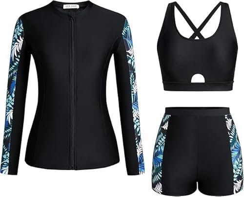 Kate Kasin 3-teiliges Damen Surfing Set Rash Guard Boyshorts & Zipper Shirt für Wassersport & Beachwear Black-Green Leaves XL