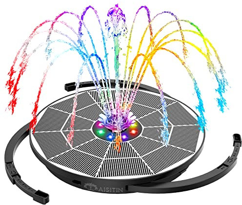 AISITIN 3,5W LED Solar Springbrunnen mit Verstellbare Stützstange Buntes Teichpumpe Solarbrunnen mit Verschieden Düse, Wasserpumpe Fontäne Pumpe mit Batterie für Gartenteich,Vogelbad,DIY Wasserspiel