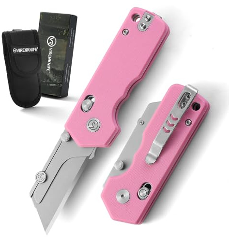 VIRENKNIFE Taschenmesser klappbares Universalmesser,Klappmesser mit Taschenclip und Nylonscheide，Faltbares Cuttermesser，Scharfer Einhandmesser für Arbeit Wandern Camping，Rosa