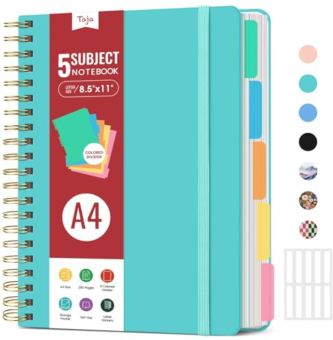 Hardcover Spiral Journal Notebooks for Work With Removable Dividers & Tabs, 8.5x11 5 Subject Notebook for Note Taking & Organizer, A4 College Ruled Lined Journal for Women & Writing, Aquamarine, 280 Pages