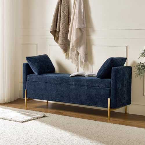 HULALA HOME Modern Storage Bench Ottoman with Arms & Metal Legs, Chenille Fabric and Upholstered Cushioned Adjustable Subdivided Box for Entryway Bedroom Living Room, NAVY