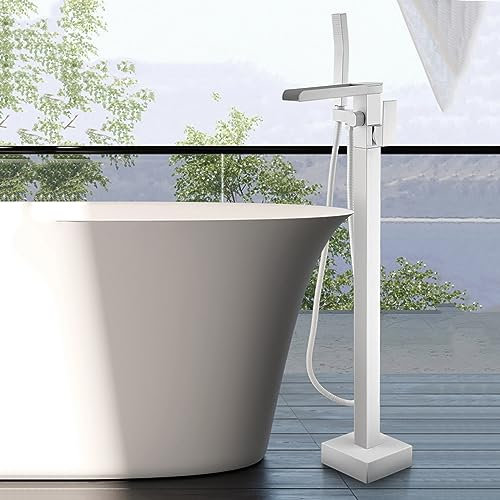 Robinet de Baignoire de Salle de Bain Cascade Robinet de Baignoire Autoportant Blanc Mélangeur Sur Pied à 2 Modes Cascade Baignoire Autoportante 360° Blanc B