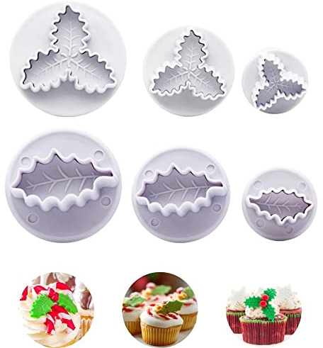 Holly Leaf Cookie Cutters Plunger Set 3D Christmas Biscuit Fondant Molds for Baking,Cake Decorations (6 Pieces)