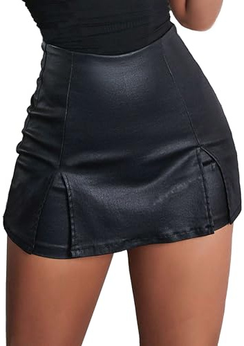 Benfoly PU Leather Shorts for Women High Waisted Split Hem Mini Skort Bodycon Skirts, Black, S