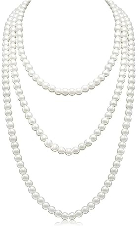 Long Pearl Necklaces,White Bead Fake Pearls Necklaces for Women,1920s Artificial Vintage Fashion Jewelry Neck Strap Faux Pearls Comfortable for Brides Wedding Birthday Party Accessories Gifts,150cm
