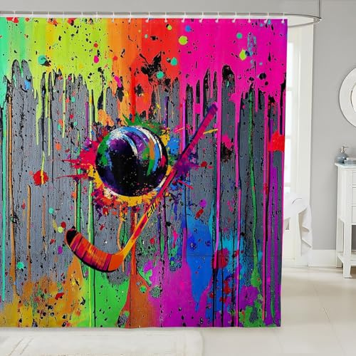 jejeloiu Ice Hockey Shower Curtains Golf Bathroom Curtain for Kids Women Men Color Graffiti Hip Hop Style Bathroom Accessories Sports Themed Waterproof Polyester Fabric for Stalls Bathtubs 72x84