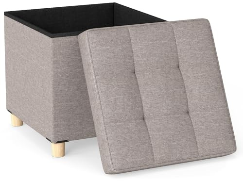 COSTWAY Puff Almacenaje Plegable, 45x45x45 cm, Baúl Almacenaje de 53,5 L, Taburete Reposapiés con Patas de Madera y Tapa Extraíble, Dormitorio, Salón, Entrada, Soporta hasta 150 kg (Gris)