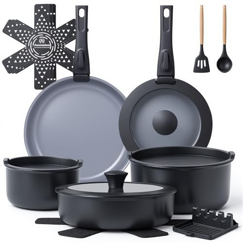 Ammeloo 18 Pcs Ceramic Pots and Pans Set Non Stick Kitchen Cookware Set with Detachable Handle, Non Toxic Cooking Set with Removable Handle for RVs, Camping, Fridge, Dishwasher/Oven Safe
