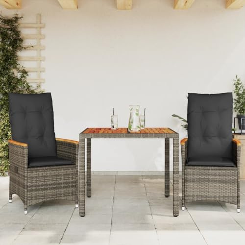 Ensemble de bistro 3 pièces avec coussins gris - Salon de jardin en polyrotin - Fauteuil de relaxation réglable - Pour balcon et terrasse - Résistant aux intempéries et aux UV