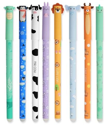 AUAUY 8 stycken utvisbara gelpennor med termokänslig torrraderad bläck, 0,7 mm spets, 8 färgtoner, serie med blomdesign, med söta tecknade djurdesign, uttorkningsbara pennor för studentpappersark