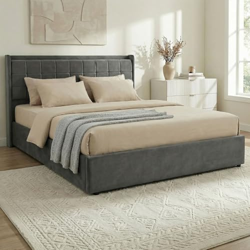 IDIMEX Lit Coffre Yaro rembourré, Lit Double avec Rangement 160x200 cm, Gris Foncé, Sommier à Lattes Inclus, Grand Espace de Rangement, Tête de Lit Capitonnée en Tissu, Velours Doux et Raffiné