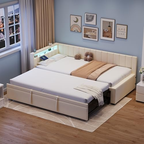 Miyemo Daybed with Pull Out Trundle, 3ft Upholstered Single Bed Frame with Charging-Station & LED-Lighting, Velvet Sofa Bed for Living Room/Bedroom/Study Room, 90x190cm, Beige, (No Mattress)