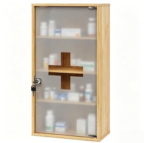HEYZOEY Botiquín de bambú con cerradura para medicamentos de pared con 4 compartimentos, botiquín casero para cuarto de baño, 65 x 35 x 18 cm, gran botiquín para uso doméstico