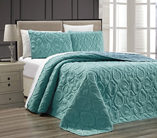 Grand Linen 3-Piece Tropical Coast Seashell Beach Queen/Full Oversize Oversize Bedspread Turquoise/Blue Reversible Coverlet Embossed Bed Cover Set. Sea Shells, Sea Horse, Starfish etc.