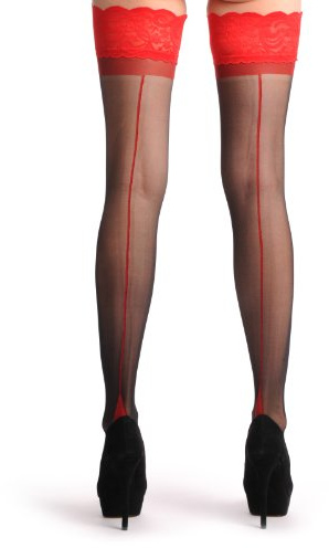 LissKiss Black With Red Seam At The Back & Red Silicon Lace Garter - Schwarz Halterlose Naht-Strümpfe Einheitsgroesse (34-42)