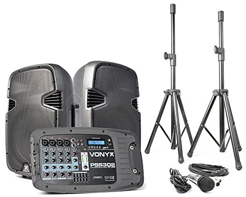 Vonyx PSS302 Sistema PA Set Completo Altavoces con Mezclador, Sistema de Sonido, 300 W, Set de Altavoces PA con Micrófono y Trípodes, Bluetooth, USB, SD, Mando a Distancia, DJ, Cantante, Conferencias