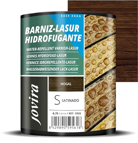 JOVIRA PINTURAS Wasserabweisende Holzschutzlasur, Satiniert auf Wasserbasis, schützt, dekoriert und verschönert alle Holzarten mit Perleffekt, stößt Wasser ab. (750 Milliliter, Nussbaum)