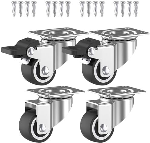 4 Ruote per Mobili 50 mm con 2 Freni e Viti, Portata Max 400Kg, 2 Rotelle Antigraffio con Freno, Rotelle Pivotanti per Carrello con Perno