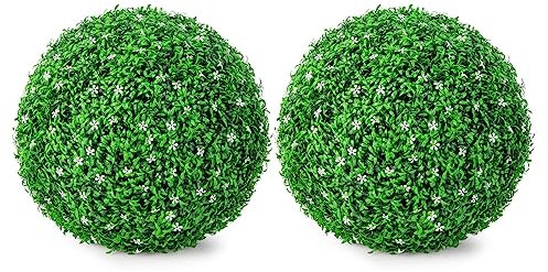 COSTWAY 2er Buchsbaumkugel 48 cm, Buchsbaum Kugel mit 180 weißen Blüten, UV-beständig, Formschnitt Kunstpflanze Dekopflanze, Buchskugel Künstliche Pflanze, dekorative Kugelpflanzen Haus Garten