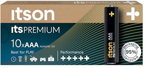ITSON, Batterien AAA, 10 Stück, leistungsstarke Alkaline Batterien, 1,5V, umweltfreundliche Verpackung 95% recycelt, Made in EU, ideal für Spielzeug, Kameras, Spielcontroller und Haushalt