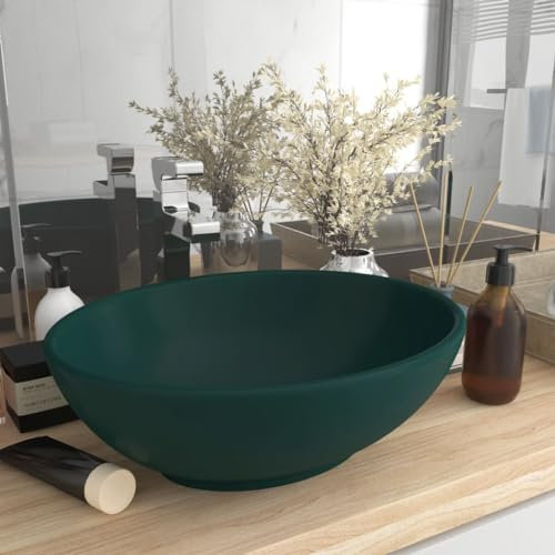 FOZICV Luxuriöses Ovales Waschbecken Matt Dunkelgrün 40x33x13,5 cm Keramik Badmöbel Badezimmer Waschbecken Oval Washbasin Lavabo Aufsatzwaschtisch Spülbecken Oval Aufsatzbecken Oval Bathroom Sink