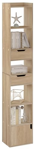 WOLTU Bücherregal Bücherschrank Standregal Aufbewahrungsregal Büroregal, mit 6 Ablagen 2 Schubladen 1 Tür, aus Holzwerkstoff, für Wohnzimmer Schlafzimmer Büro, helle Eiche, SK042hei