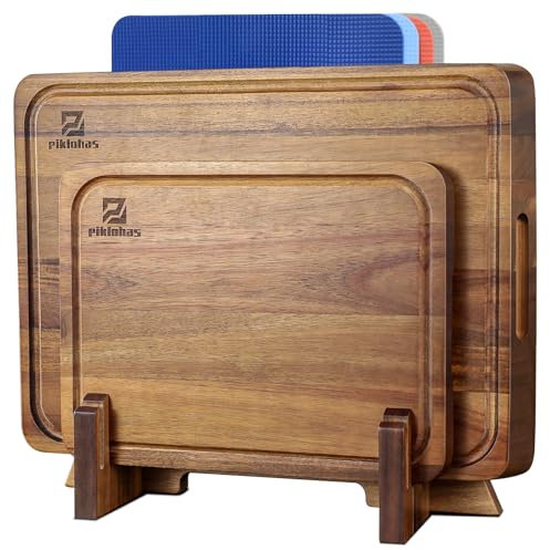Piklohas Large Wooden Chopping Board Set For Kitchen, Acacia Wood Cutting Boards, Non Slip Feet,4 Plastic Mats, Ideal for Carving Meat Cutting Vegetables Cheeses and Bread With Juice Groove and Holder
