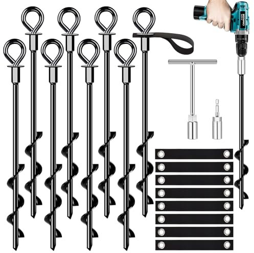 Ground Anchors Screw in 8Pcs, Trampoline Stakes Anchors with Straps Resistant High Wind, Earth Anchor for Swing Set, Tent, Trampolines, Carport, Canopies(8x15in)