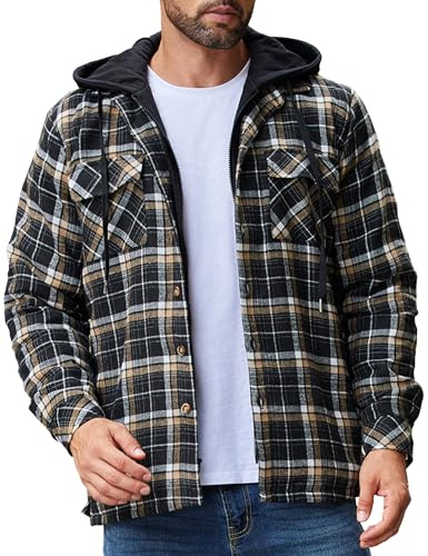 COOFANDY Giacca Camicia da Uomo Casual da Boscaiolo Camicia a Quadri con Cappuccio Giacca Invernale Spessa da Lavoro con Tasche Marrone Nero M